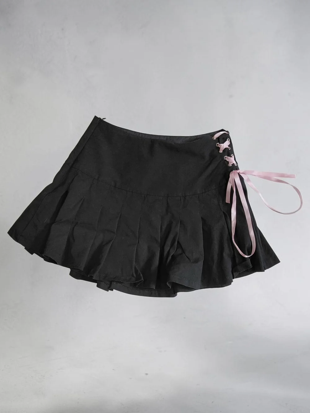 New Sugar Thrillz Black Pleated Mini Skirt with Pink Lace-Up Side Size Med